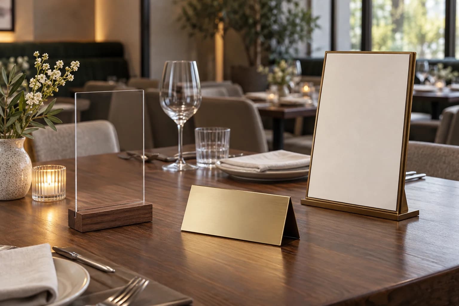 Blank table signs and menu stand in a restaurant setting