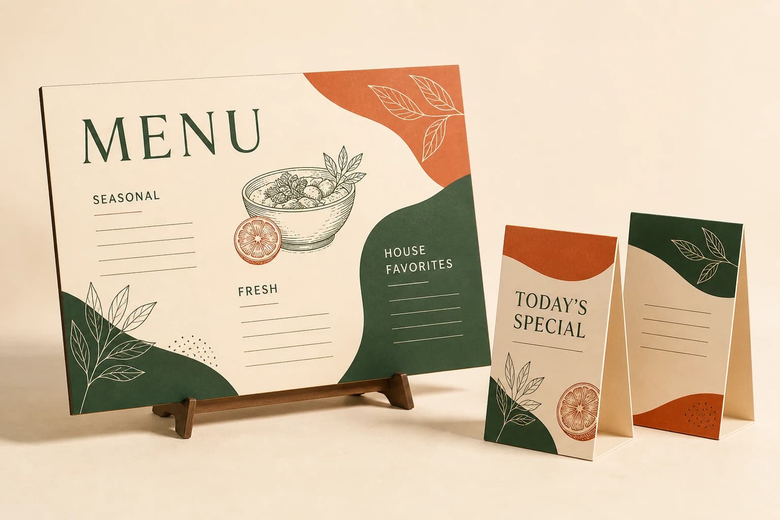 Coordinated printed menu board and matching tabletop signs in terracotta and forest green.