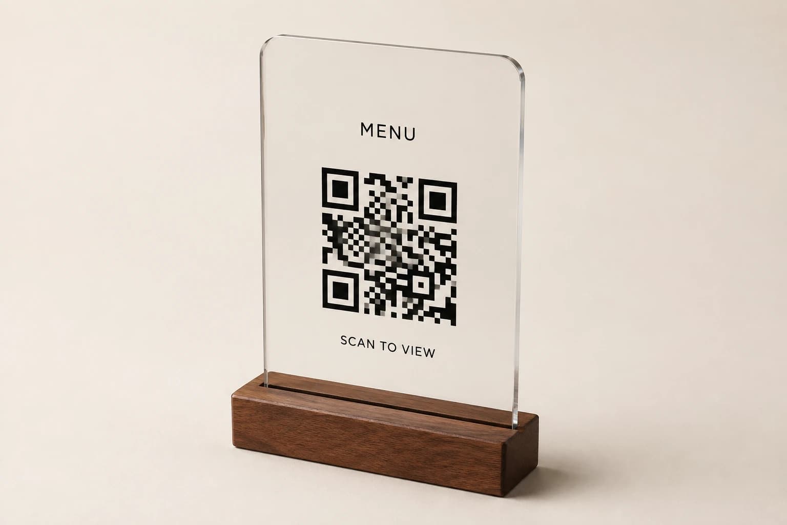 Clear acrylic menu stand with a walnut base and illustrative nonfunctional QR pattern.