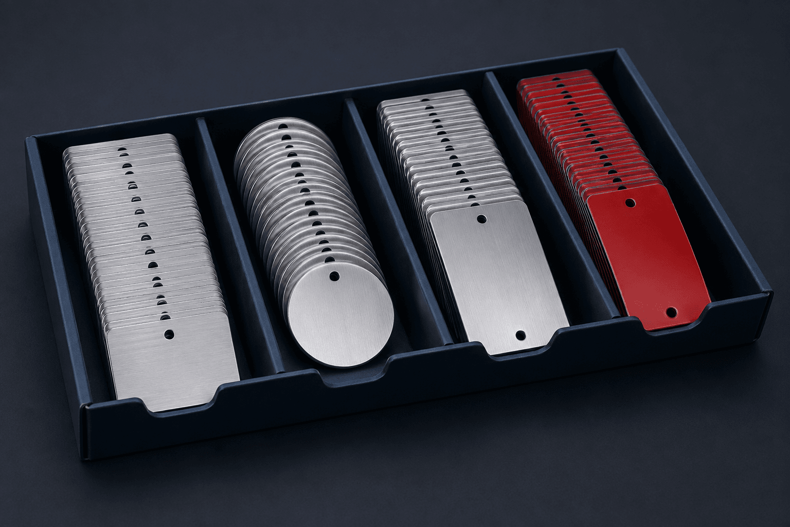 Illustration of blank equipment plates and round tags organized in divided rows