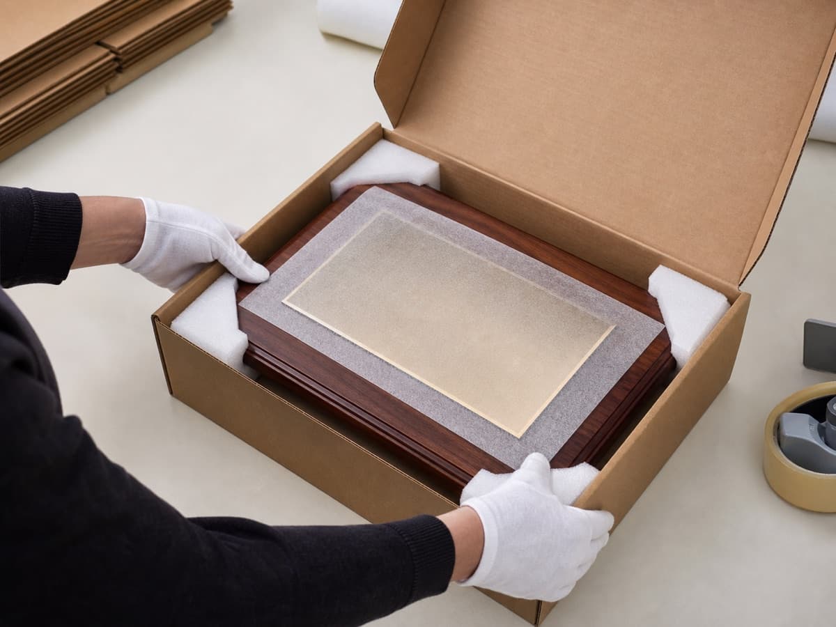 Illustrative corner and face protection for packing a walnut recognition plaque