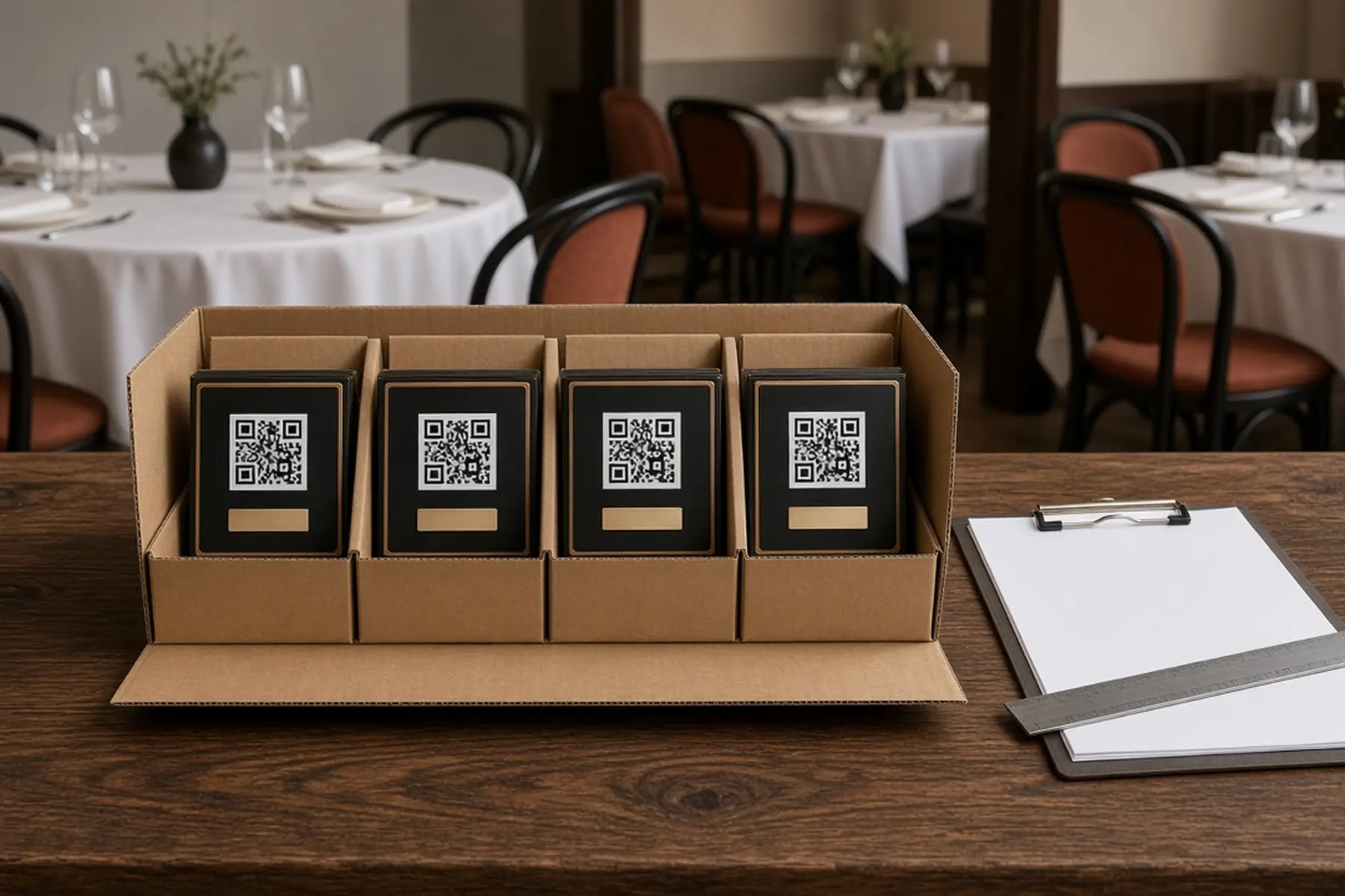 Coordinated order concept: matching QR Code Menu Sign pieces grouped and separated for packing