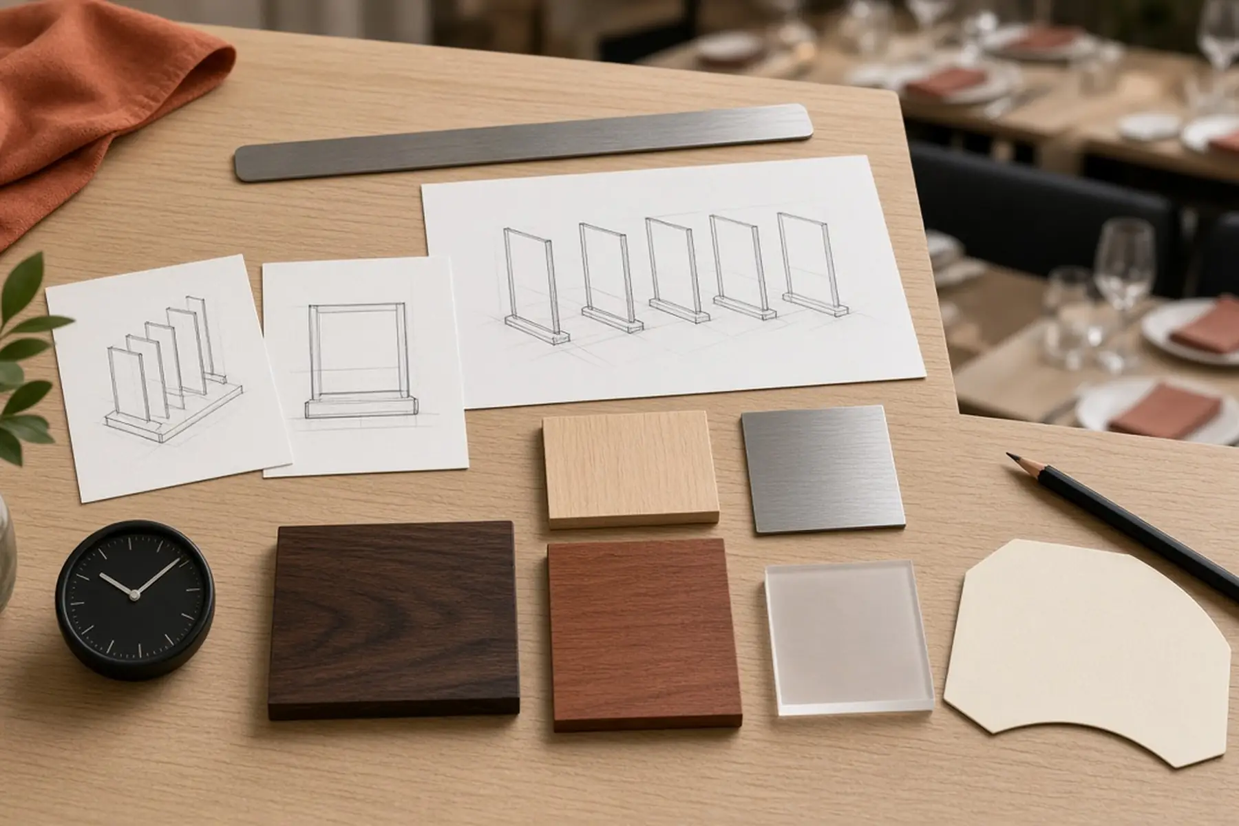 Design planning concept for a Restaurant Table Number Set: sketches, material swatches and a blank sample shape