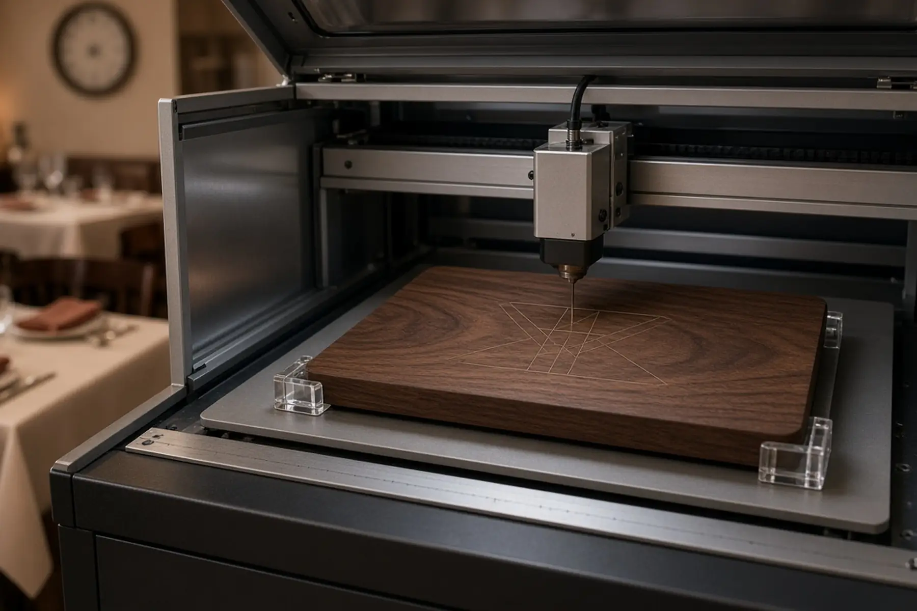 Engraving concept: a blank plate for a Restaurant Table Number Set inside an enclosed marking machine