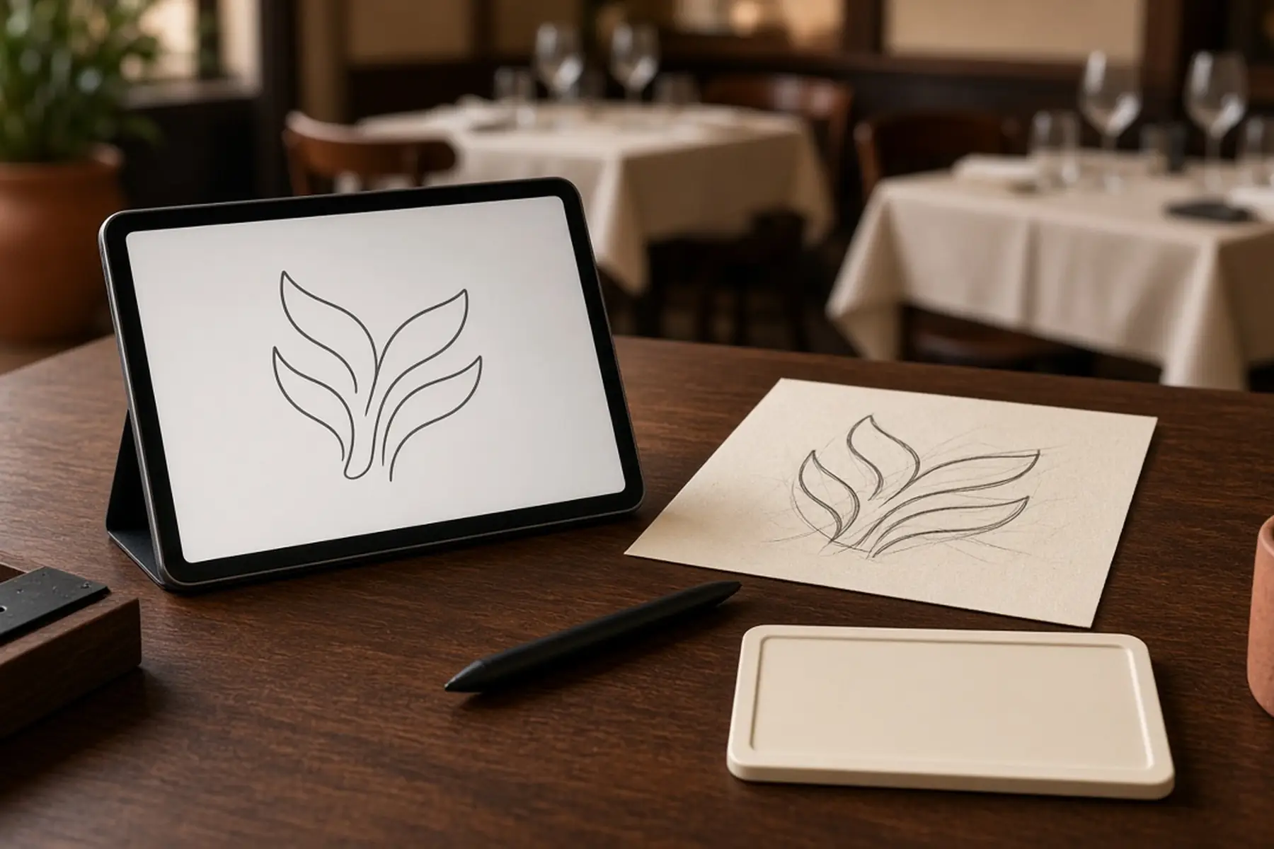 Artwork preparation concept: a simple emblem converted to clean outlines for a Restaurant Table Number Set